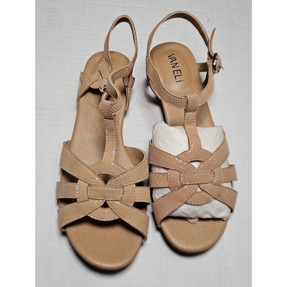 Vaneli‎ Brandy Beige Lizard Embossed Leather Strappy T-Strap Sandals Womens 6W